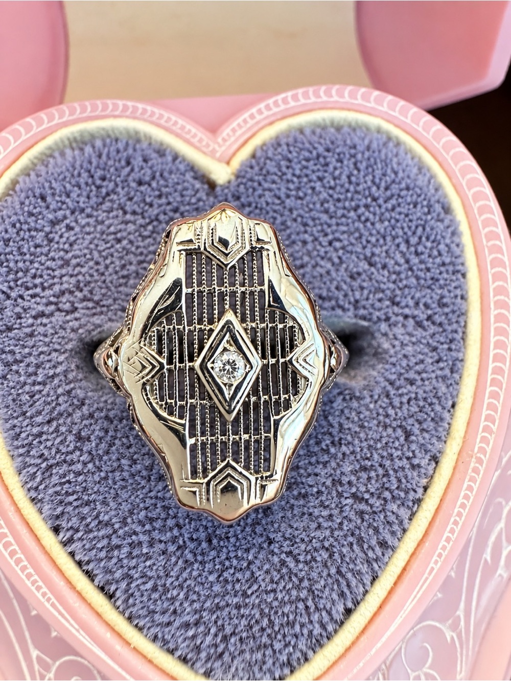 14k Antique Art Deco White Gold Lattice Ring with Diamond
